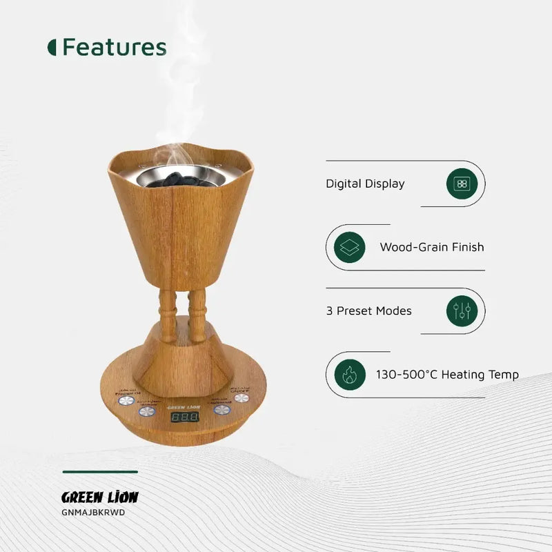 Green Lion Majlis Electric Bakhour Burner - Wooden detail view