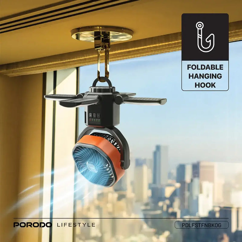 Porodo Lifestyle Suncharge Outdoor Solar Fan - Black & Orange detail view