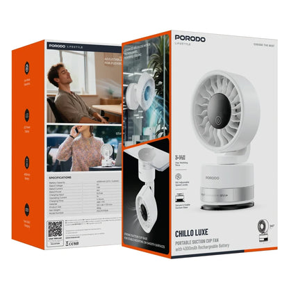 Porodo Chillo Luxe Portable Suction Cup Fan with 4000mAh Rechargeable Battery - White