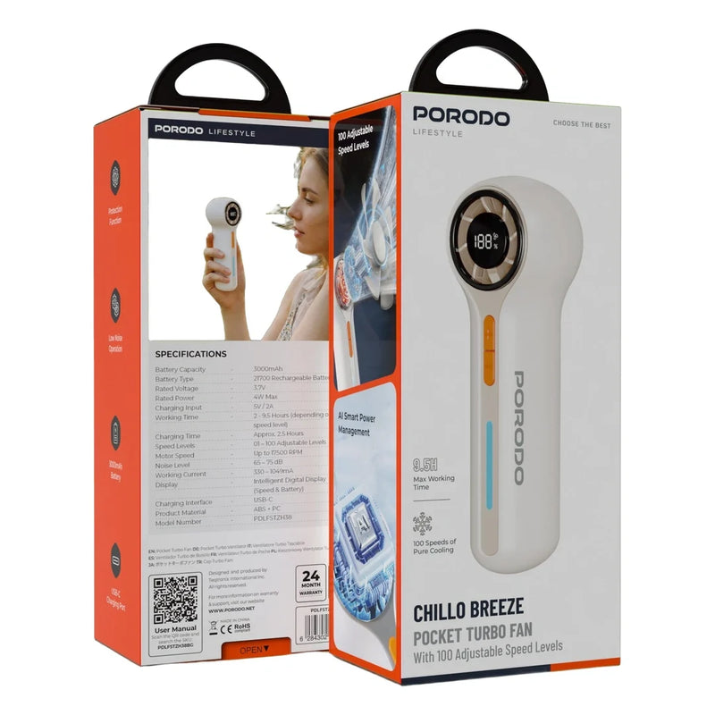 Porodo Lifestyle Chillo Breeze Pocket Turbo Fan with 100 Adjustable Speed Levels - Beige detail view