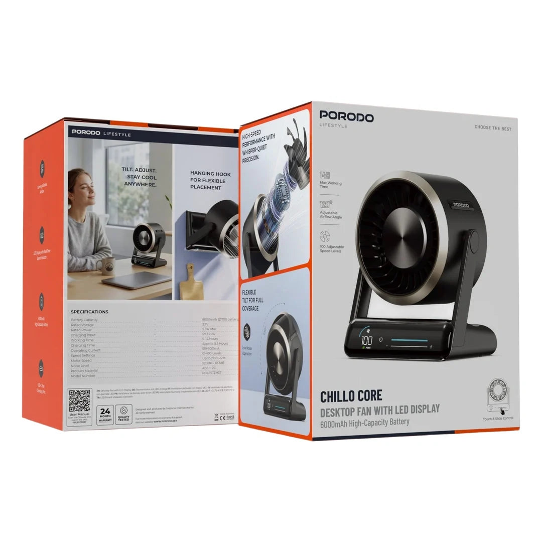 Porodo Lifestyle Chillo Core Desktop Fan with LED Display - Black