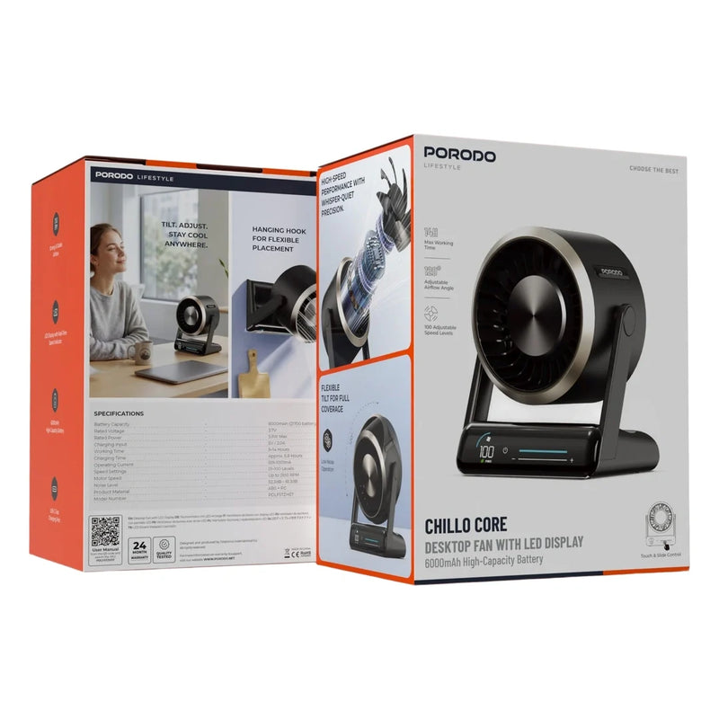 Porodo Lifestyle Chillo Core Desktop Fan with LED Display - Black detail view