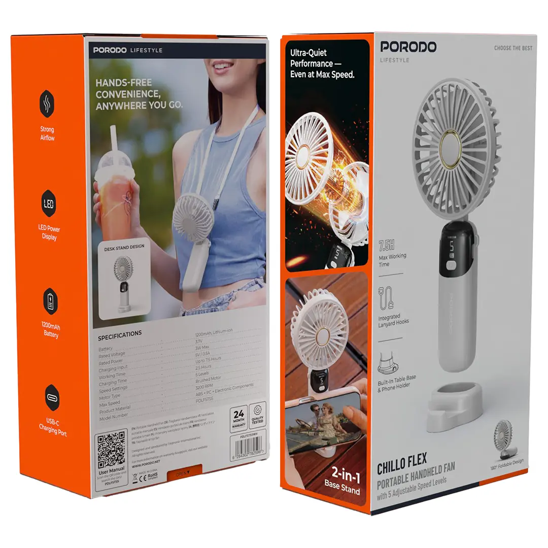 Porodo Lifestyle Chillo Flex Portable Handheld Fan with 5 Adjustable Speed Levels