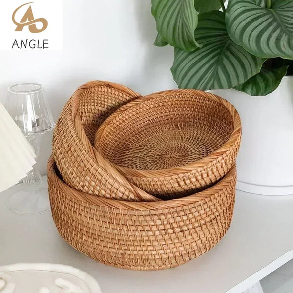 Round Rattan Storage Baskets Set Handwoven Wicker Organizer for Home Decor Kitchen Bathroom Bedroom Decorative Storage Bins