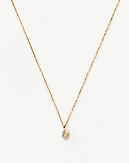 Solid Gold Diamond Initial Mini Pendant Necklace - U | 14ct Solid Yellow Gold Plated/Diamond