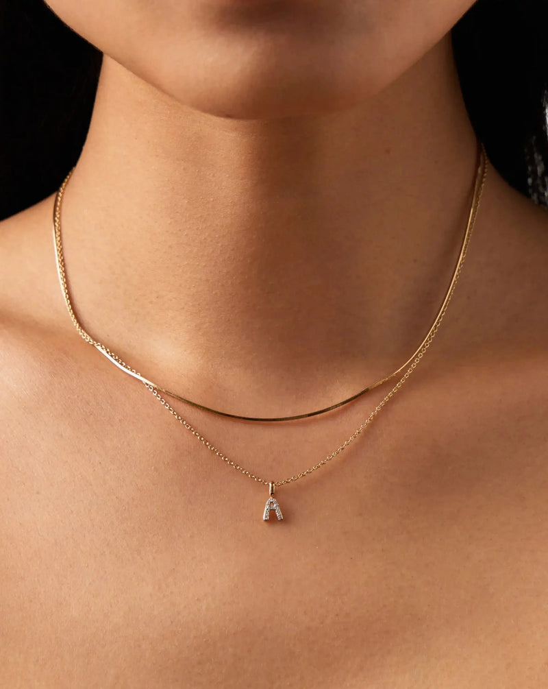 Solid Gold Diamond Initial Mini Pendant Necklace  - A | 14ct Solid Yellow Gold Plated/Diamond detail view